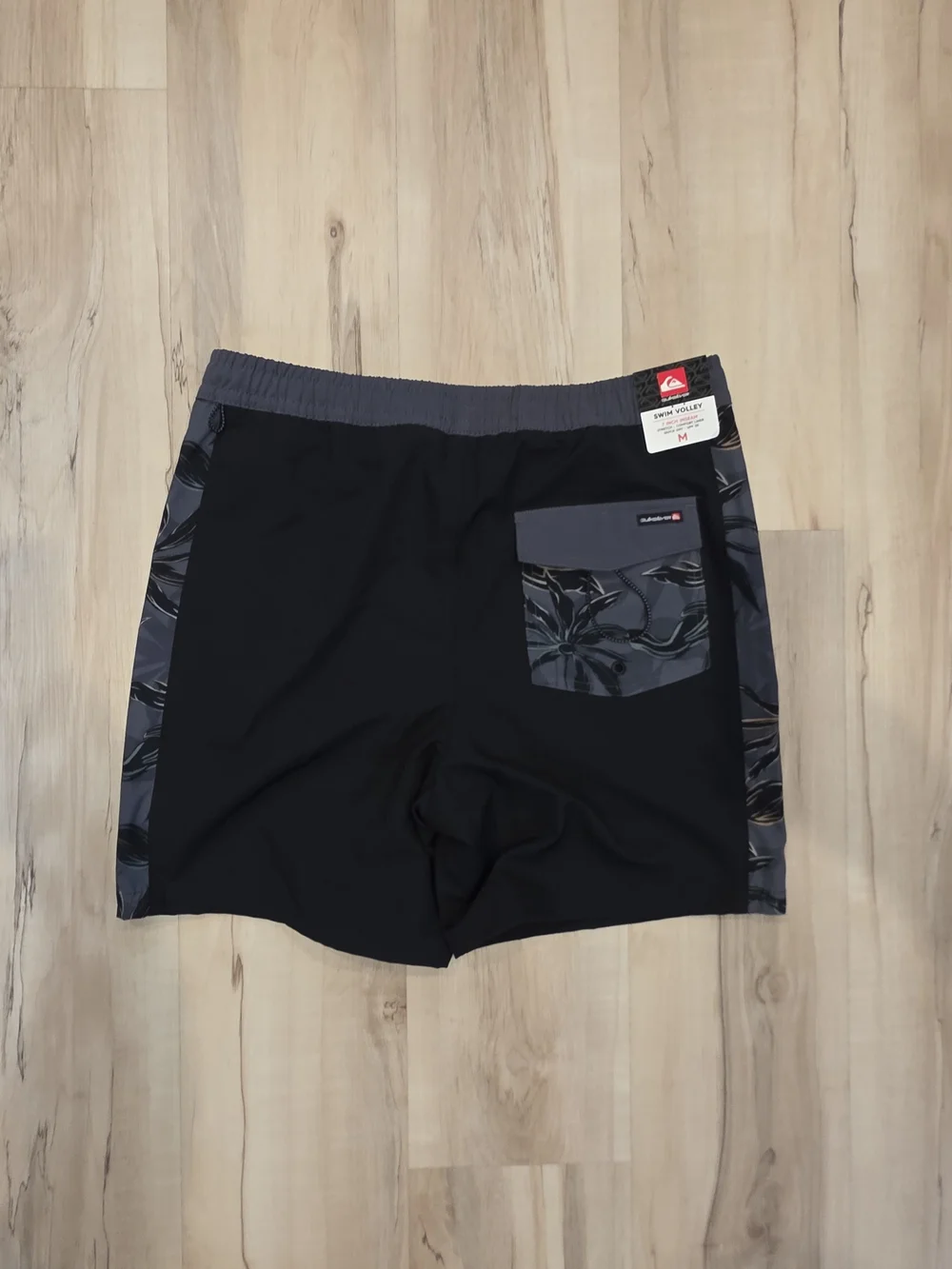 Quiksilver Black Swim Trunks with Gray Floral Side Panels